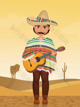 墨西哥男人。帽子吉他