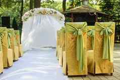 婚礼拱黄色的绿色颜色阳光明媚的一天婚礼