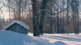 冬天森林白霜降雪小木房子