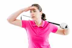 女人粉红色的t恤高尔夫球俱乐部距离