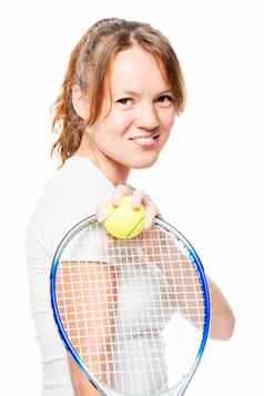 红发女运动员球拍球网球白色