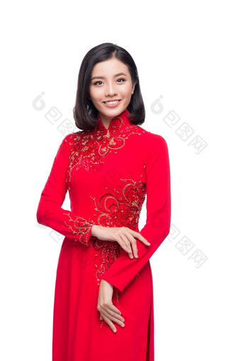 迷人的<strong>越南女人</strong>戴曼菊传统的衣服孤立的