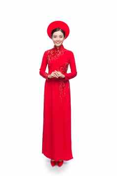 完整的长度越南新娘红色的戴曼菊传统的衣服