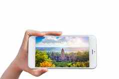 手持有智能手机图像吴哥什么寺庙siem收获柬埔寨