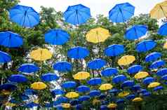 蓝色的黄色的雨伞户外