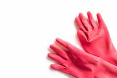 特写镜头红色的橡胶手套清洁白色背景工作