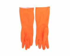 橙色颜色橡胶手套清洁白色背景