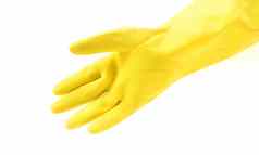 手穿黄色的橡胶手套清洁白色背气