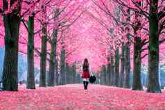 美丽的女孩粉红色的叶子纳米岛南韩国