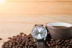 咖啡时间概念咖啡豆子咖啡杯