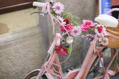古董粉红色的自行车篮子花