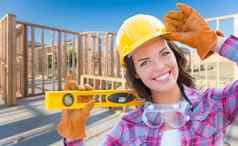 女建设工人持有水平穿手套硬他保护护目镜建设网站