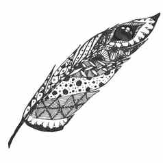 手画涂鸦zentangle羽毛孤立的背景黑色的白色插图饰品