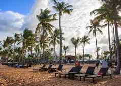 热带海滩度假胜地别墅躺椅白色沙子棕榈树