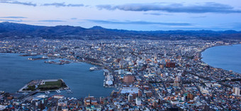 美丽的日落视图函馆函馆城市湾港口半岛海国函馆北海道日本