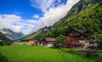 美丽的全景明信片视图风景如画的农村山风景阿尔卑斯山脉传统的高山山小木屋新鲜的绿色梅多斯阳光明媚的一天蓝色的天空云夏天