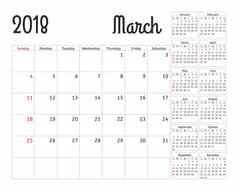 简单的日历规划师一年设计3月模板集个月周开始周日日历规划周