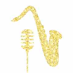 黄金闪闪发光的麦克风萨克斯风金斯帕克尔复古的麦克风萨克斯风白色背景琥珀色的粒子黄金五彩纸屑元素