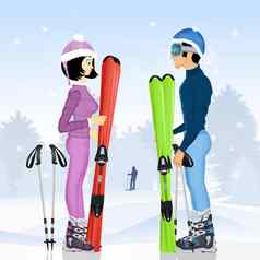 夫妇滑雪冬天