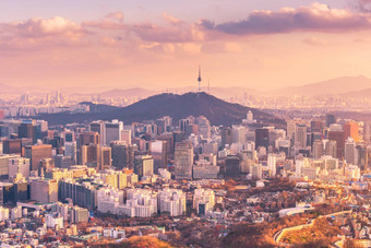 日落首尔城市天际线视图南韩国