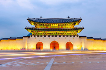 韩国Gyeongbokgung宫晚上首尔南韩国