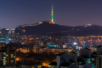 韩国首尔晚上南韩国城市天际线