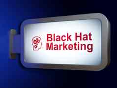 市场营销概念黑色的他市场营销头齿轮广告牌背景