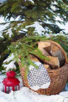 羊毛连指手套一满篮柴火雪圣诞树红色的灯笼