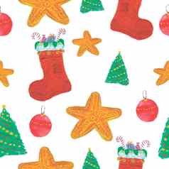 无缝的圣诞节水彩模式袜子糖果圣诞节树明星球