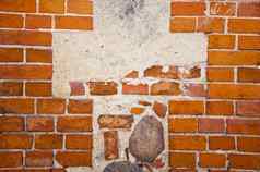 片段古老的红色的砖墙石头蚂蚁水泥