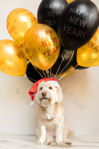 宠物一年帽充气球气球快乐一年快乐圣诞节问候卡一年黄色的狗彩色的气球