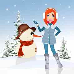女孩使雪人