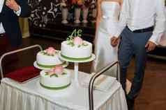 优雅的漂亮的年轻的新娘新郎减少婚礼蛋糕