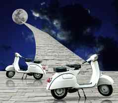 白色复古的踏板车石头月亮