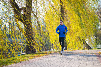 年轻的<strong>体育</strong>男人。运行公园冷<strong>阳光</strong>明媚的秋天早....健康的生活方式<strong>体育</strong>运动概念