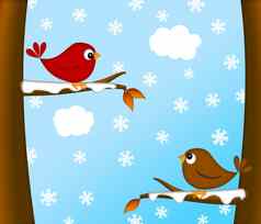 圣诞节红色的红衣主教鸟一对冬天场景