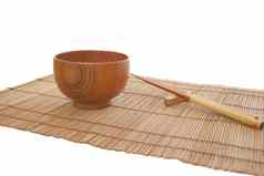 筷子木碗竹子席子背景