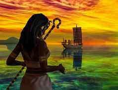 历史埃及女人看古老的埃及船