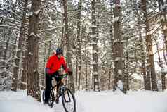 骑自行车的人红色的骑山自行车美丽的冬天森林冒险体育运动复古骑自行车概念