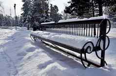 板凳上覆盖新鲜的雪城市公园冬天阳光明媚的早....