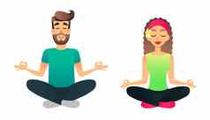 男人。女人冥想莲花构成卡通快乐结婚了夫妇练习瑜伽教训年轻的人瑜伽体式
