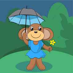 可爱的猴子站绿色草地花伞雨