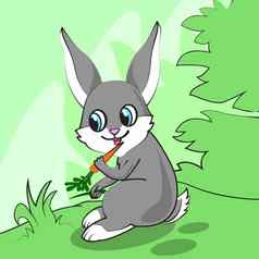 可爱的卡通兔子吃胡萝卜草地