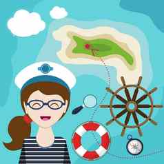 地图水手生命线操舵轮指南针放大镜背景海孩子游戏女孩游泳海岸