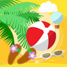 阳光明媚的海滩海棕榈树玩球走沙子人字拖太阳镜气球背景天空