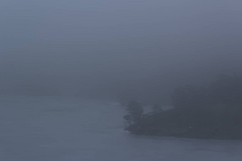 冻湖包围小山松冷杉树有雾的喜怒无常的一天松冷杉树山领先的冻湖有雾的一天Nackareservatet自然储备瑞典