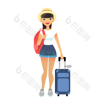 旅行女旅游站<strong>行李</strong>年轻的平女人穿休闲衣服<strong>行李机场</strong>可爱的夫人旅行袋背包旅行生活方式概念