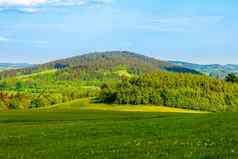 绿色山中间阳光明媚的春天景观雅沃尔尼克山利贝雷茨捷克共和国