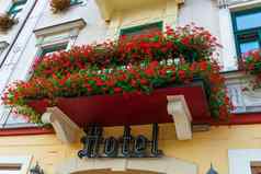 阳台美丽的红色的花招牌酒店