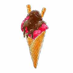 美味的色彩斑斓的冰奶油华夫格锥孤立的白色背景草莓冰奶油巧克力脆皮华夫格棒最喜欢的夏天时间治疗